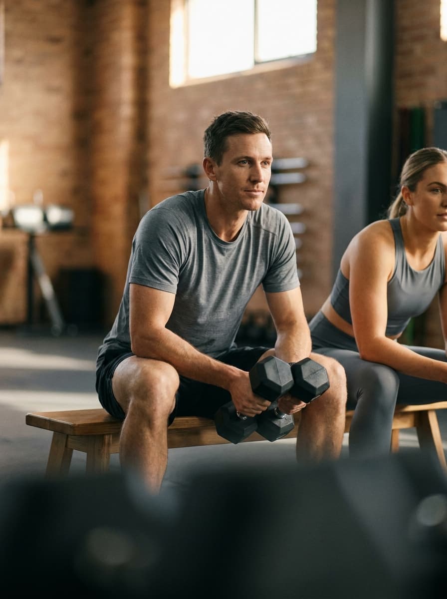 Man and woman resting on a gym bench after training, man holding a dumbbell, warm brick gym interior