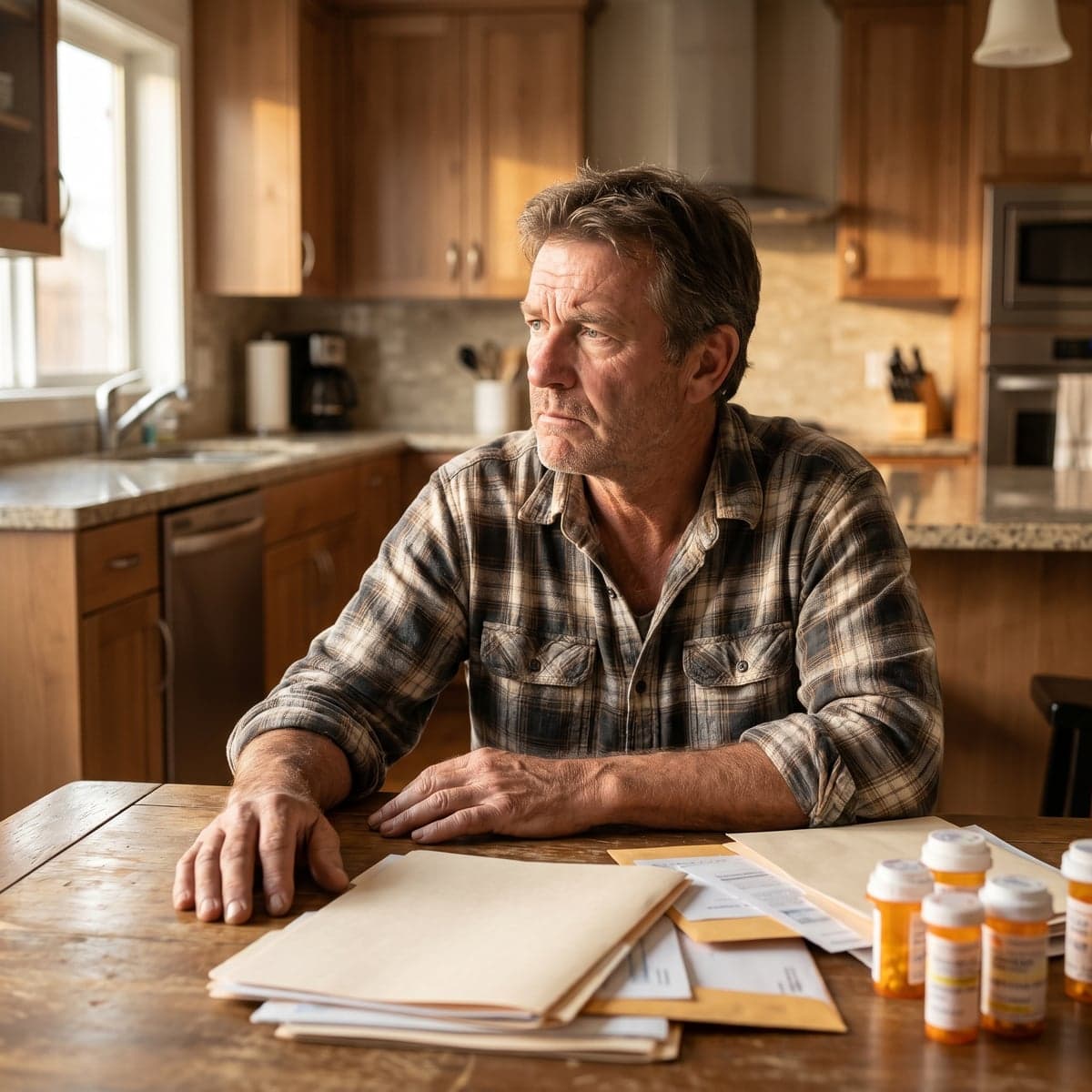 Australian man at a kitchen table with paperwork and medications, reflecting on chronic pain