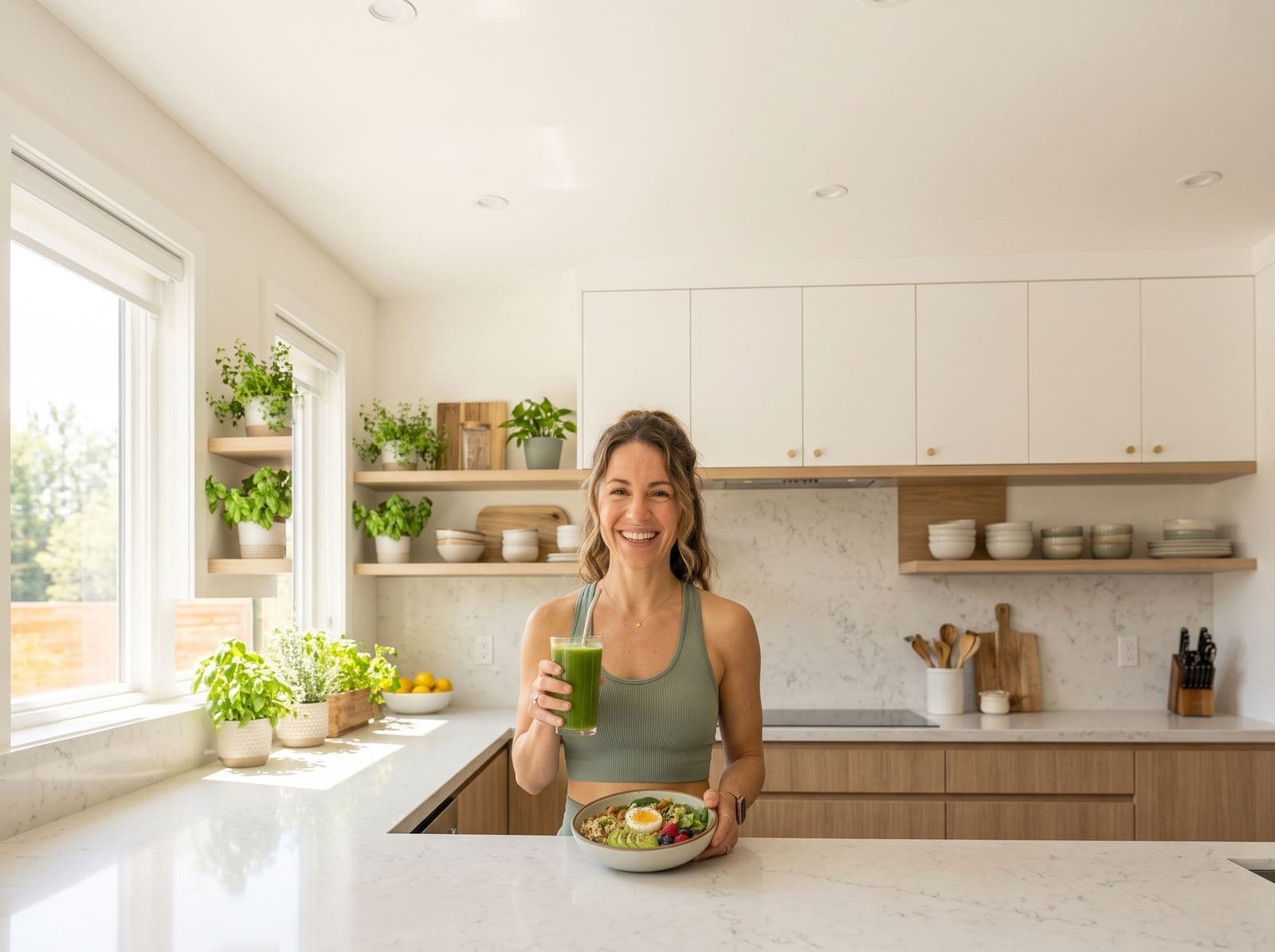Woman holding a bowl of healthy food and a green juice in her kitchen