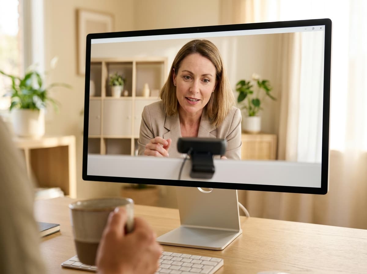 Patient at a home desk on a video call with a doctor on a large monitor, bright calm office setting