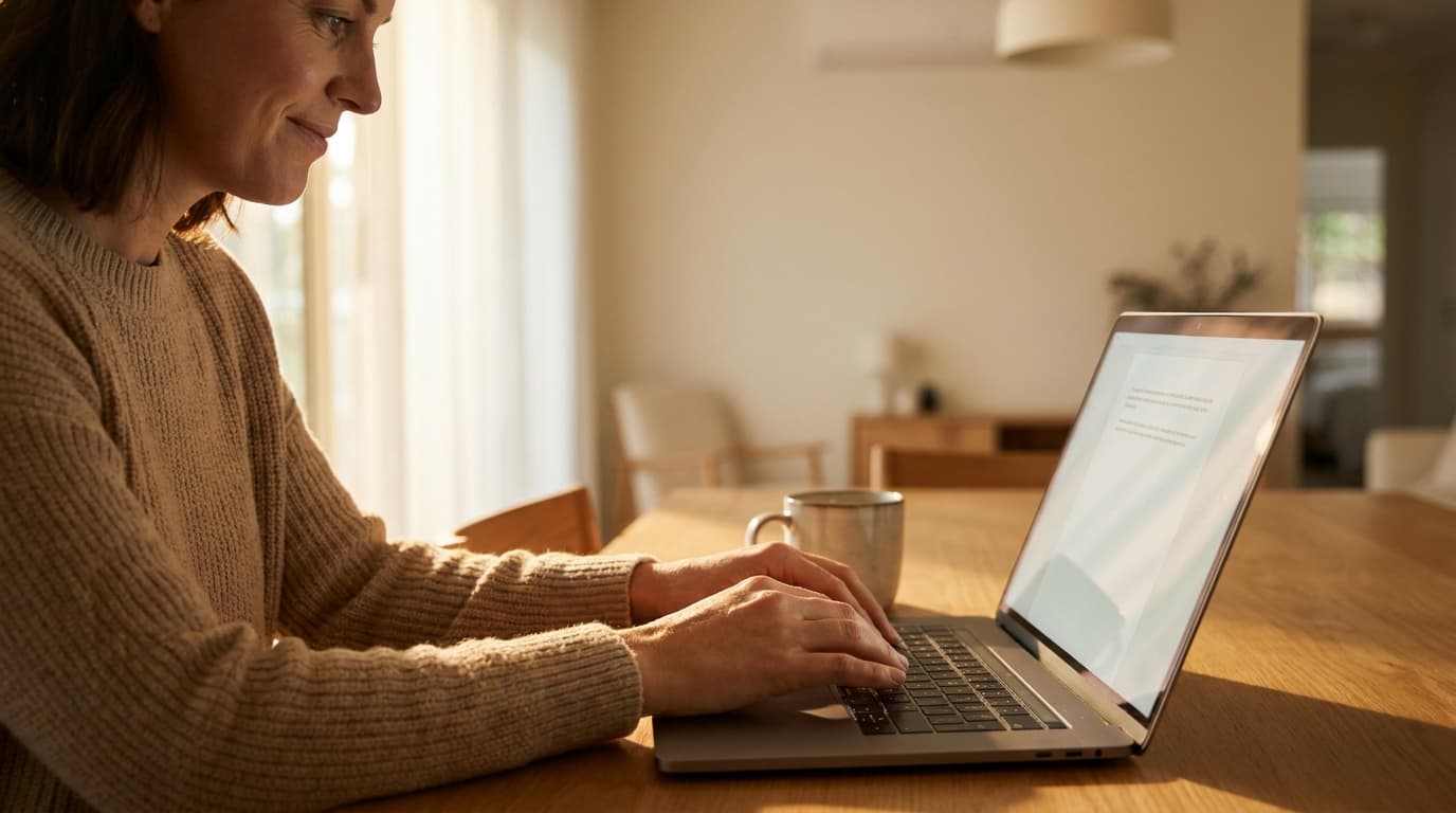 Woman at a wooden table in warm sunlight, typing on her laptop for a health assessment