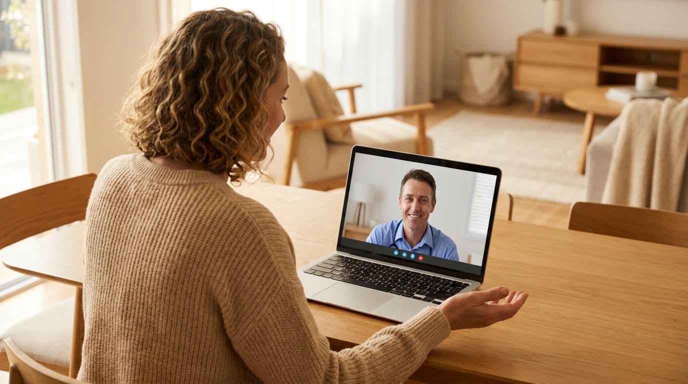 Woman at home on a call with a doctor on her laptop, bright modern living space