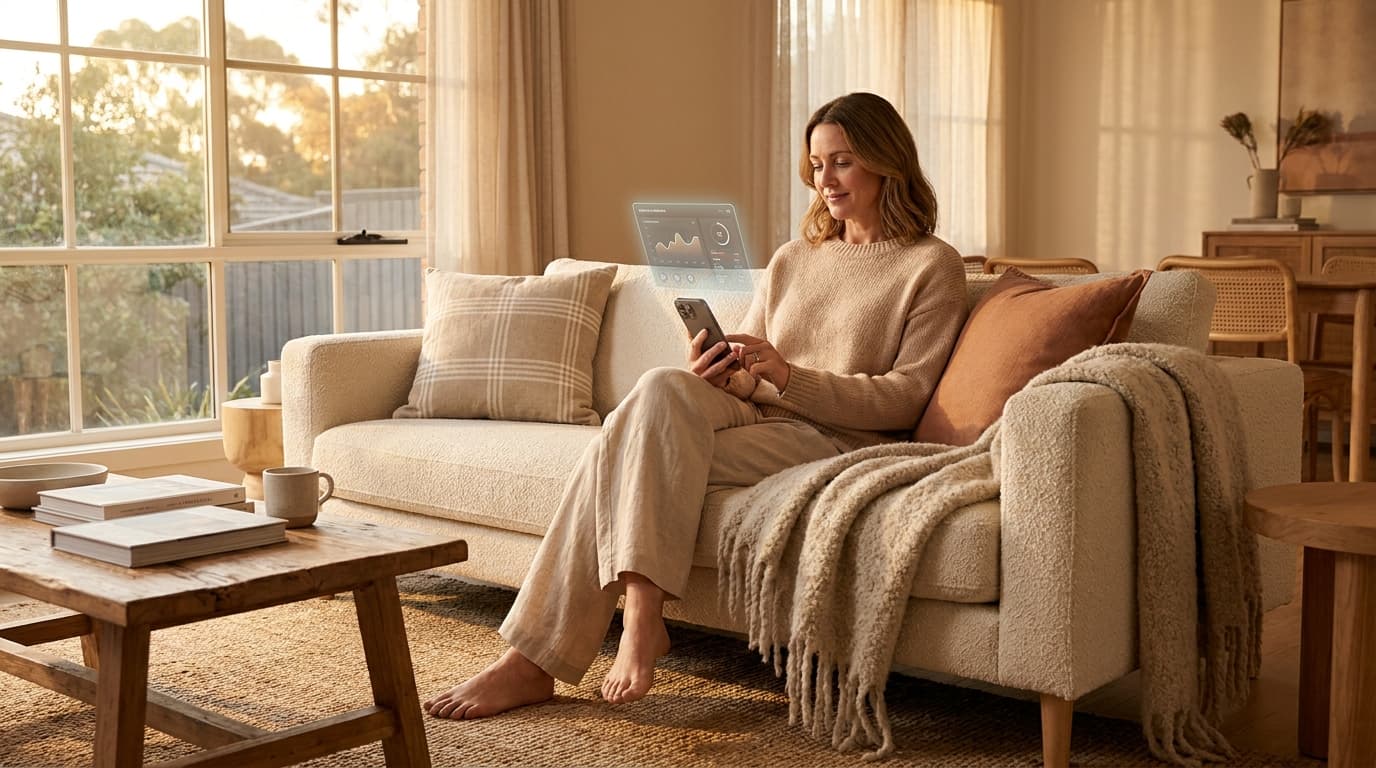 Woman on a sofa at home, reviewing her care on her smartphone in a sunlit room