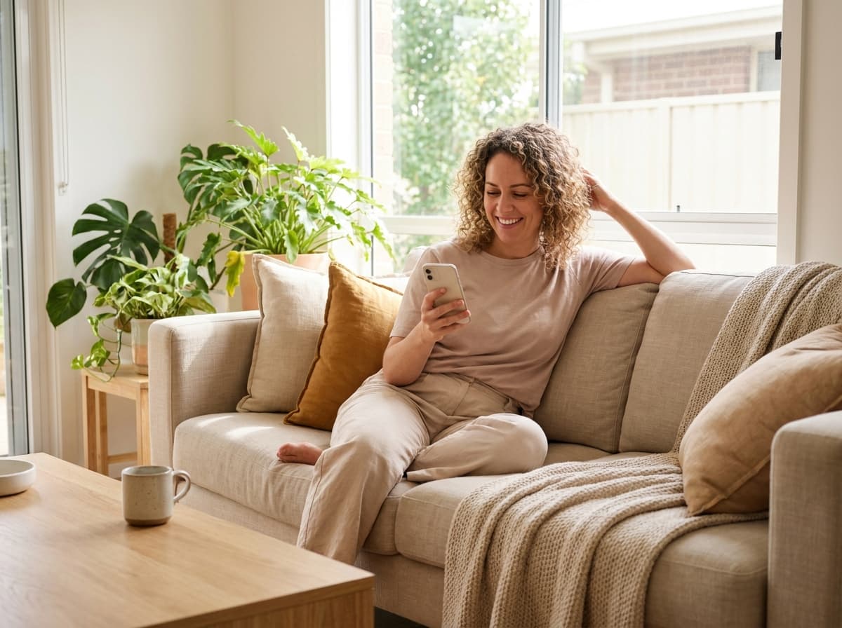 Patient at home on a sofa, smiling as she checks follow-up care on her smartphone